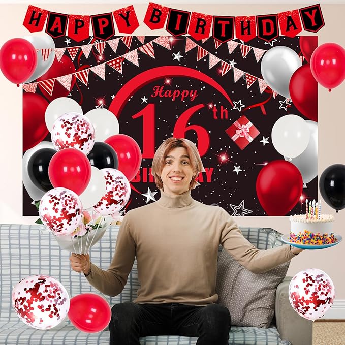 16th Birthday Decorations for Boys Girls Red Black, Sweet 16 Party Decorations with Happy 16th Birthday Banner Backdrop 16 Balloon Numbers Honeycomb Centerpieces Tablecloth 16 Years Old Party Supplies