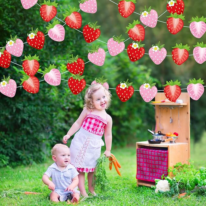 Duraaamo 8 Pack Strawberry Party Banner Decoration Summer Paper Garland Strawberry Paper Hanging Cutout Banners for Baby Shower Party Supplies Decor