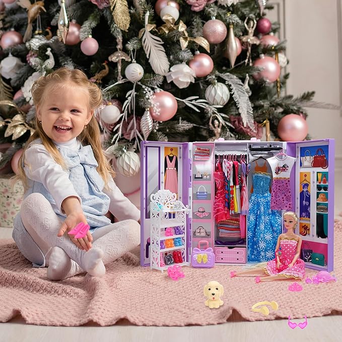 Doll Clothes and Accessories with Doll, Princess Gowns, Fashion Dresses, Jumpsuit,Slip Dresses, Hangers, Shoes, Dress up Toys for Girls Kids Toddlers Toy Birthday Gifts for Girls Age 3 4 5 6 7 8