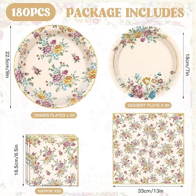 180Pcs Vintage Floral Party Supplies Paper Plates and Napkins Serve 60 Disposable Tableware Set for Birthday Party Decorations Game Day Family Holiday Sports Events