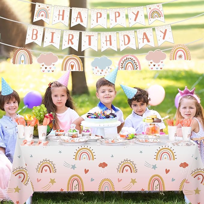Hestya 145 Pcs Boho Birthday Party Supplies Include Rainbow Plates Tablecloth Cups Napkins Knives Forks Spoon Boho Happy Birthday Banner for Rainbow Baby Shower Party Decoration Supplies for 20 Guests