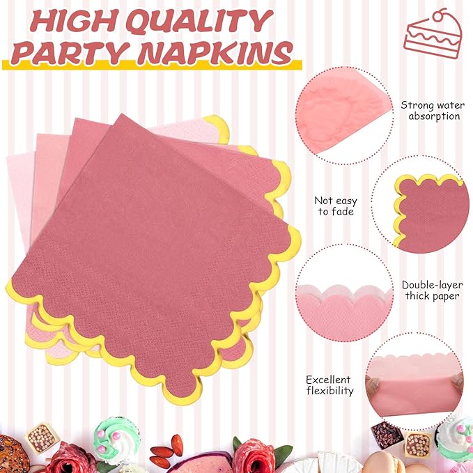 192 Pcs Pink Gold Plates Party Supplies Severs, Guests Disposable Party Decorations, 7'' and 9'' Scalloped Paper Plates, Cocktail Napkins Plastic Forks for Birthday Wedding