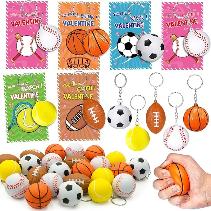30 Pack Sports Valentines Cards Gifts for Kids School Classroom Squeeze Foam Balls Keychain Stress Relief Valentine Exchange Gift Prizes Class Game Valentine Party Favors for Kids Girls Boys