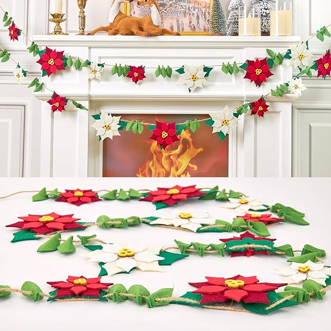 PAPER JAZZ Christmas Poinsettia Garland with White Red Artificial Flowers,11.4ft Velvet Artificial Poinsettia Garland,Christmas Decorations with Holly Leaves for Fireplace Door Wall Window Tree Yard.