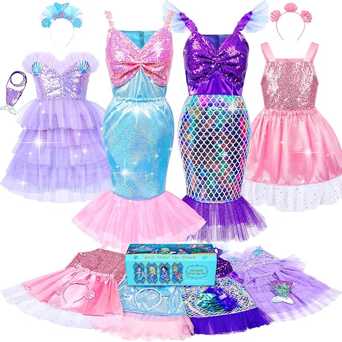 Jeowoqao Mermaid Princess Dress Up Costume, Girls Dress Up Pretend Play Clothes Gift 13Pcs Princess Costume for Little Girls Age 3 4 5 6 Years