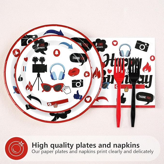 96Pcs Social Media Youtube Birthday Party Decorations Social Media Inspired Plates and Napkins Camera Themed Tableware Set for Adults Youtube Birthday Subscribe Play Video Party Supplies Serves 24