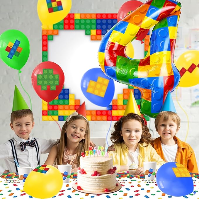 40 Inch Building Block Number Balloon, Colorful Number Block Foil Balloons Large Big Numbers Helium Balloon for Girls Boys 4th Birthday Brick Theme Party Decorations (Number 4)
