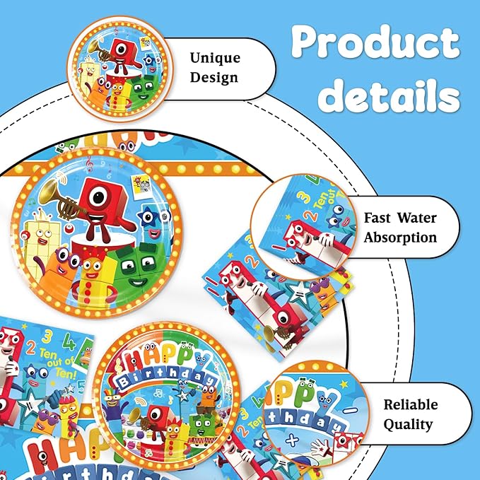 Number Blocks Party Supplies 41Pack include 20 plates, 20 napkins 1 tablecloth for birthday party Decoration (Block)