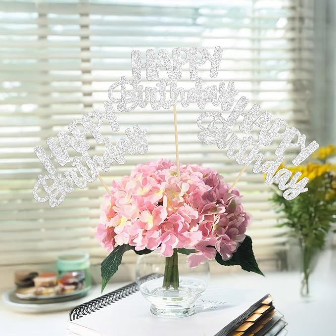 Gyufise 12Pcs Happy Birthday Centerpieces Sticks Double Sided Glitter Birthday Party Decorations Anniversary Table Flower Centerpiece for Celebrating Party Supplies Silver
