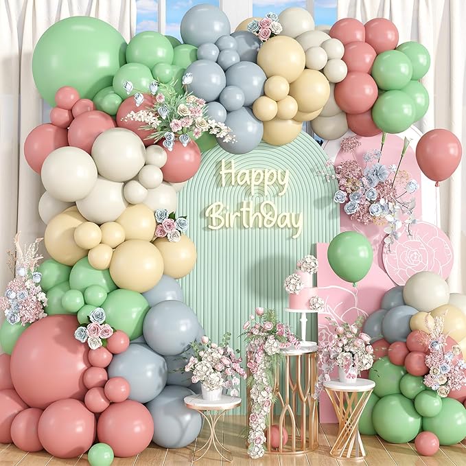 Dusty Pink Green Yellow Blue Balloon Arch Kit, Pastel Yellow Pink Dusty Blue Sage Green Ivory White Garland Balloon for Boho Baby Shower Flower Fairy Wedding Birthday Party Easter Decorations