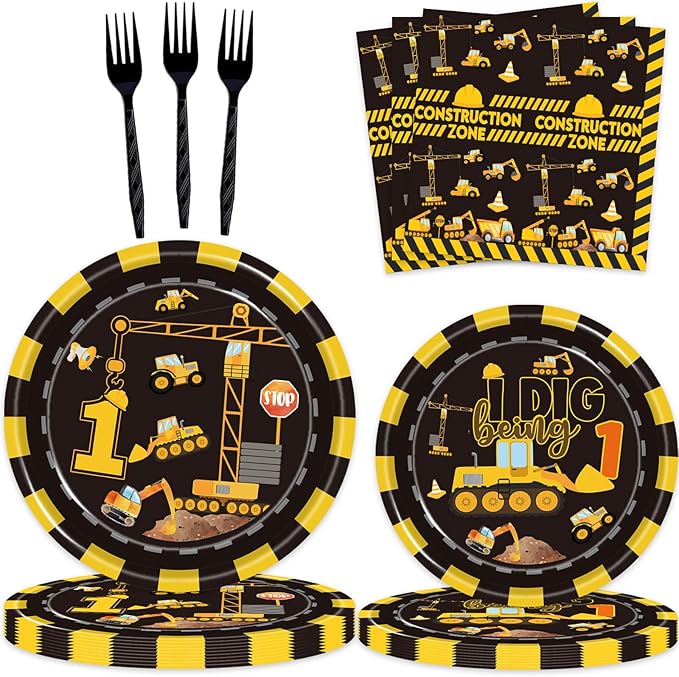 132 Pcs Construction 1st Birthday Party Supplies Dump Truck Theme One Tableware Includes Hanging Swirl, Banner, Plates, Cups, Tablecloth for Boys Im Digging Being 1 Birthday Party Decorations Favors