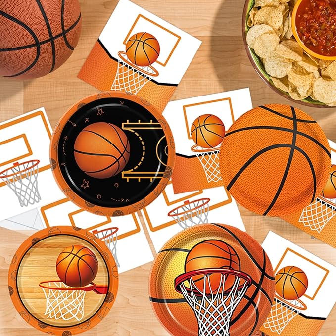 202 PCS Basketball Birthday Party Decorations - Plates, Napkins, Cups, Basket Card, Banner, Balloons, Cake & Cupcake Toppers, Tablecloths, Cutlery for Basketball Party Decorations, Serves 24