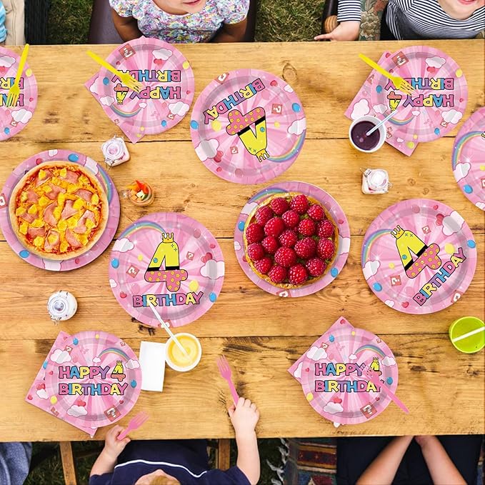 96Pcs Pink and Yellow 4th Birthday Decorations Princess Pink and Yellow Party Plates and Napkins Disposable Tableware for 4 years Old Girls Princess Birthday Party Decorations Serve 24