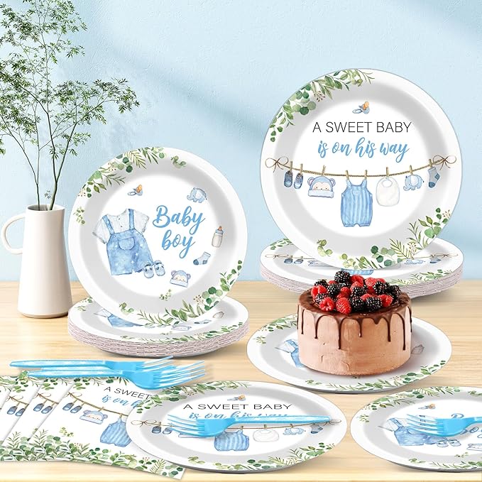 96Pcs Greenery Baby Shower Plates and Napkins Decoration Watercolor Blue Baby Boy Party Tableware Dinnerware Set A Sweet Boy Is On His Way Paper Plates for Gender Reveal Party Supplies Serve 24 Guests