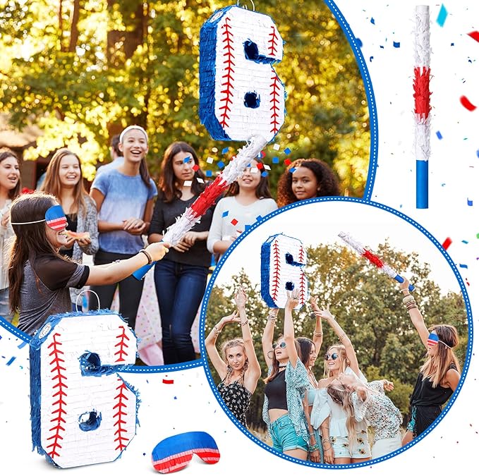 HyDren Baseball Piñata Baseball Party Decorations Number Piñata with Bat, Blindfold and Confetti, 16 Inch Sports Themed Birthday Party Supplies for Celebration Events(Number 6)