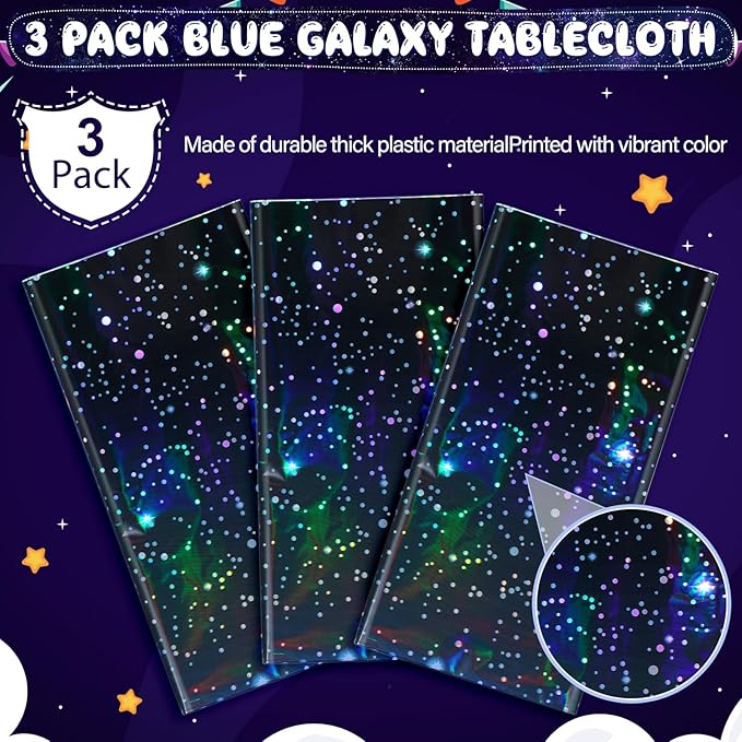 3Pcs Iridescent Space Tablecloths, Disposable Plastic Blue Galaxy Table Cloth Rectangle Table Covers for Space Starry Night Star Theme Party Birthday Party Decorations, 54x108 Inch
