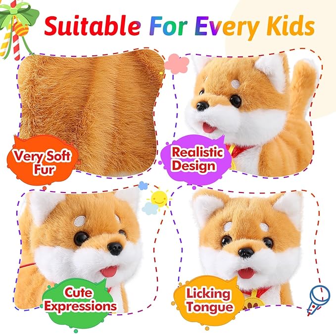 Walking Barking Singing Corgi Puppy Toy, Repeats What You Say, Realistic Licking Tongue Wagging Tail Mechanical Dog with Touch or Voice Control, Interactive Music Dancing Plush Pet for Kids