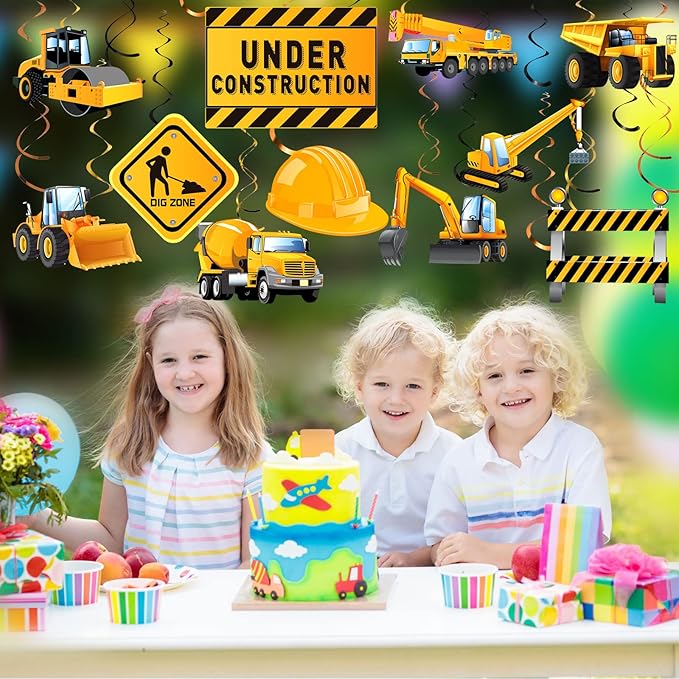 Blulu 30 Pieces Construction Birthday Party Supplies Construction Decoration Zone Party Hanging Swirl Traffic Zone Theme Streamers, Kids Boy Truck Foil Swirls Decorations(Cute)