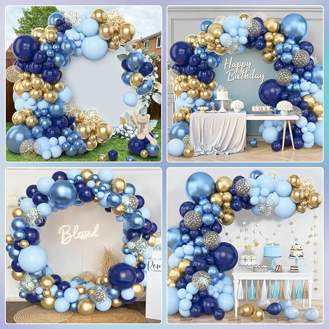 Amandir 153pcs Navy Blue Gold Balloon Garland Arch Kit, Different Sizes 18 12 10 5 inch Pastel Blue Latex Metallic Confetti Balloons for Boys Graduation Birthday Party Ocean Baby Shower Decoration