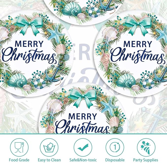 50 Pcs Wreath Christmas Paper Plates 10" Large Disposable Seashell Beach Platters Blue Coastal Style Decorations for Ocean Merry Christmas Festive Xmas Theme Holiday Birthday Party Supplies