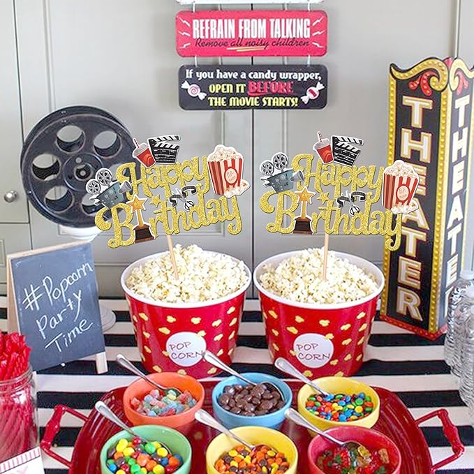 1 PCS Movie Happy Birthday Cake Topper Glitter Roll Camera Video Recorder Popcorn Movie Night Cake Pick for Hollywood Theme Film Festival Baby Shower Birthday Party Cake Decorations Supplies Gold