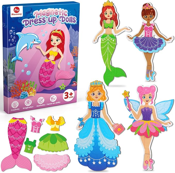 Mocoosy Magnetic Dress Up Dolls for Girls, Princess Mermaid Fairy Ballerina Magnet Doll Dress Up Kit, Travel Game Airplane Car Road Trip Activities Toy Birthday Easter Gift Toddler Girl Age 3 4 5 6 7