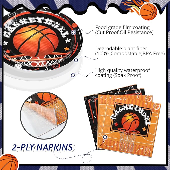 Umigy 100 Pcs Basketball Plates and Napkins Party Supplies Basketball Tableware Dinner Lunch Dessert Appetizer for Kids Boys Baby Shower Birthday Sport Party Decor Serves 50(Novel Style)