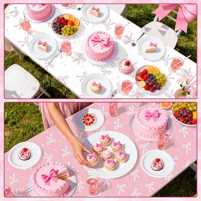 Bow Birthday Decorations, 2PCs Pink-bow Tablecloths Plastic Tablecloth Ideal Table Cover for Bow Themed Party Decorations Themed Parties Girls’ Parties Coquette Birthday Decoration, 54x108Inch