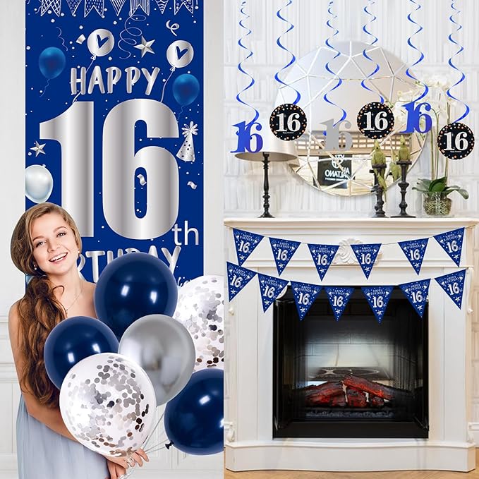 16th Birthday Decorations for Boys Girls, Blue Silver 16th Birthday Decorations Backdrop with Happy 16th Birthday Banner, Number 16 Hanging Swirls, Triangle Flag, 16 Years Old Party Decor Supplies