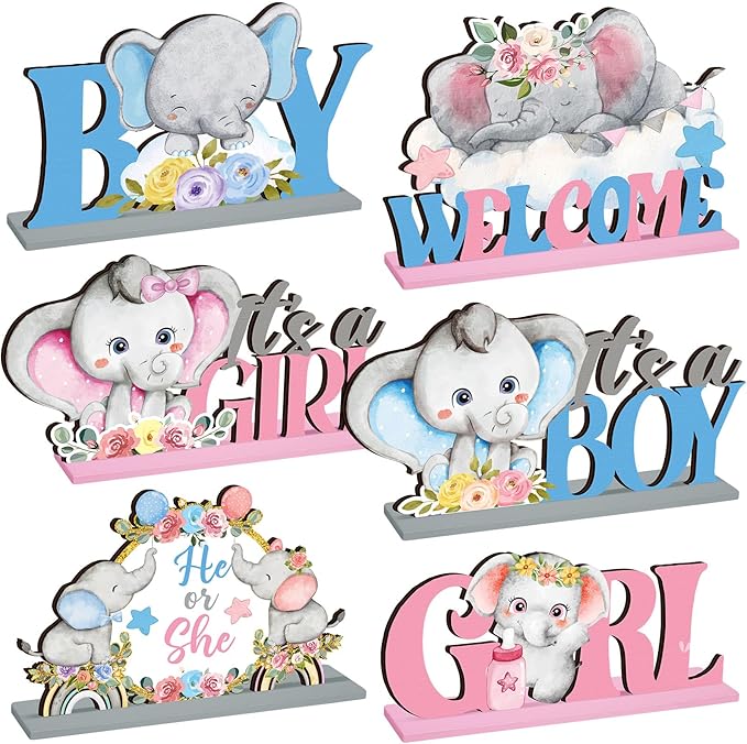 6 Pcs Elephant Gender Reveal Table Decorations He or She Baby Shower Party Centerpieces Elephant Theme Gender Reveal Blue and Pink Wooden Signs for Baby Shower Newborn Decor Party Supplies