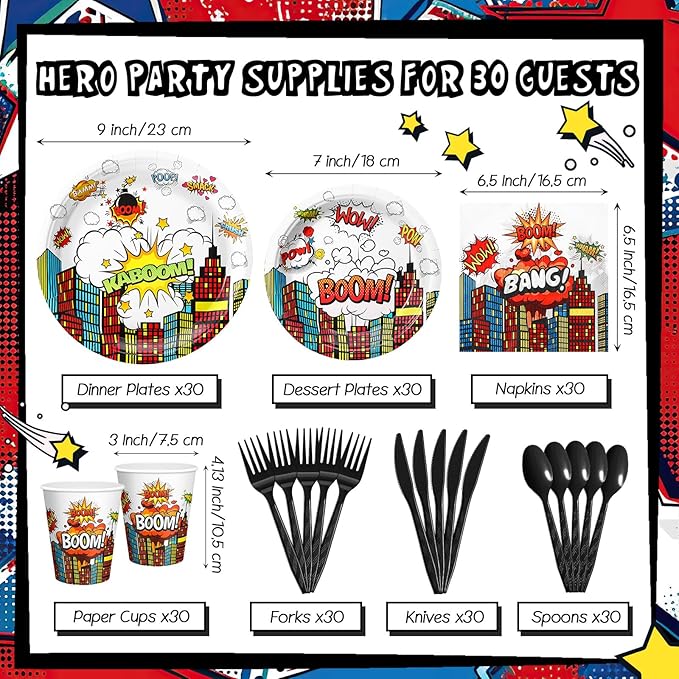 Zhehao 210 Pcs Christmas Hero Party Supplies Serves 30, Hero Themed Paper Plates Napkins Cups and Tableware Sets for Birthday Baby Shower Party Supplies Decor (White)