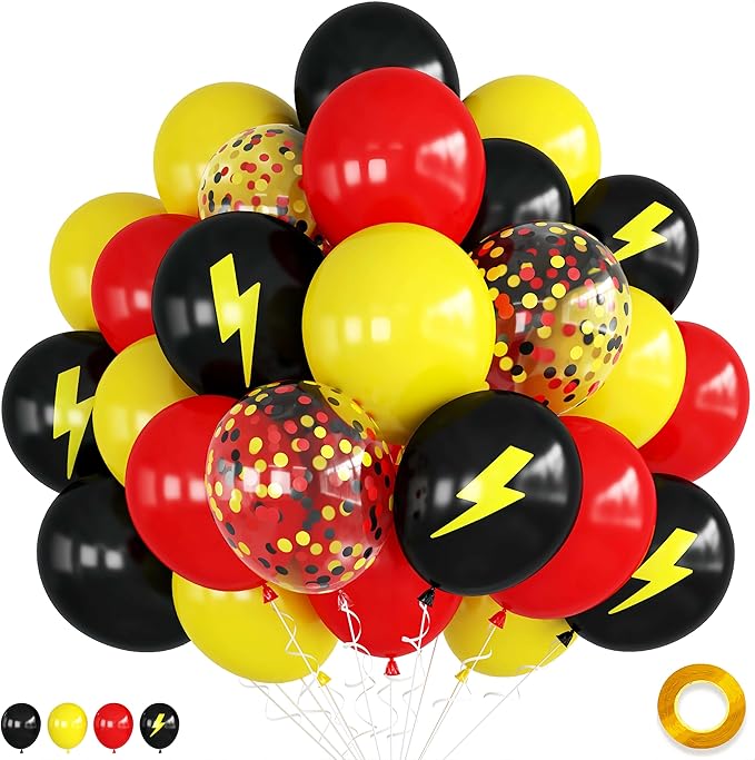 Red Yellow Black Balloons, 12 inch Lightning Cartoon Ball Anime Balloon Birthday Decorations, Lightning Printed Balloons Red and Black Confetti Balloon for Boys Theme Race Car Party Decor