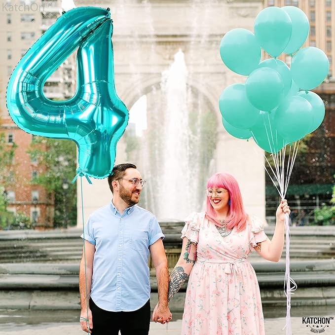 KatchOn, Giant Aqua Blue Number 4 Balloon - 40 Inch | Mermaid Number 4 Balloon for Birthdays | 4th Birthday Balloons, Mermaid Birthday Decorations | Teal 4 Balloon for Aqua Blue Party Decorations