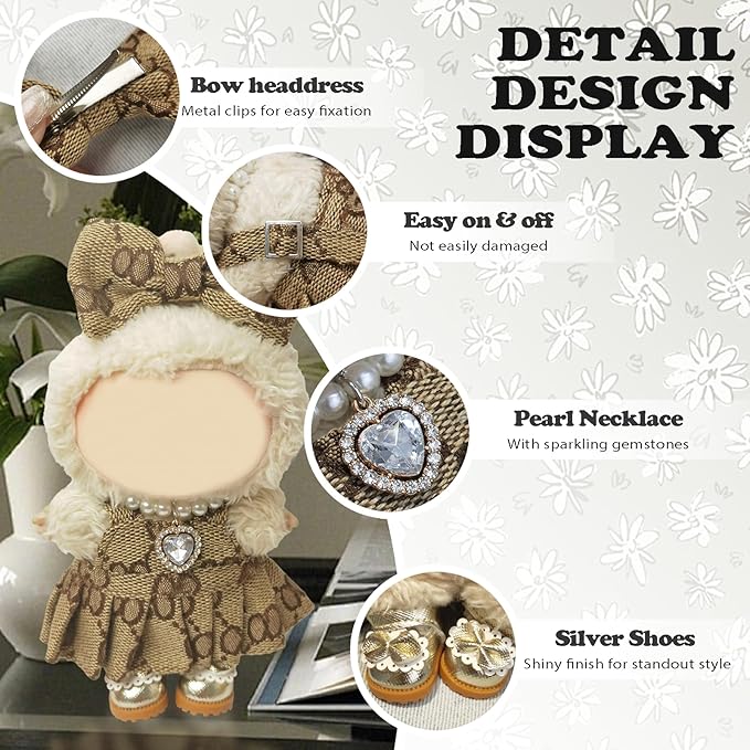 Clothes Compatible with LABUBU Doll - 4PCS Classic Set, 17cm Doll Clothes Designer Outfit for Elegant Vintage Theme, Stylish Luxury Accessories for Labubu, No Doll (Mocha Pearl Classic)