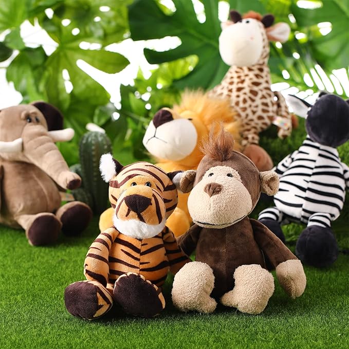 Zhanmai 6 Pieces Safari Stuffed Animals Plush Jungle Animal Toys Set for Boys Girls, Lion Elephant Zebra Giraffe Tiger Monkey for Animal Themed Parties Student Award