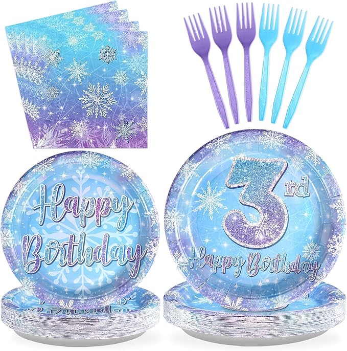 Grencian 96Pcs Frozen Party Supplies Winter Onderland 3rd Birthday Plates Winter Snowflake Disposable Happy 3rd Birthday Tableware for Kids Girls Frozen Themed Party Serves 24