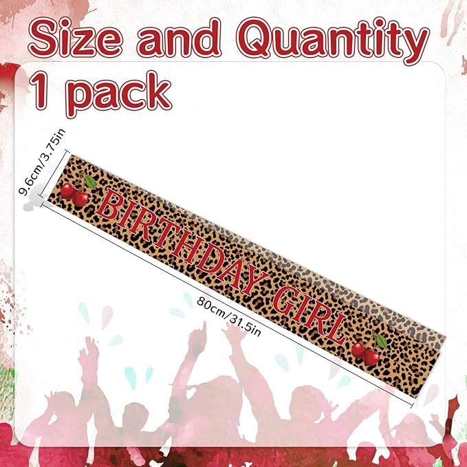 Cheetah and Cherry Birthday Sash - Cheetah Satin Print Cherry Theme Party Sash, Girls Nights Women Birthdays Leopard Party Decoration Supplies