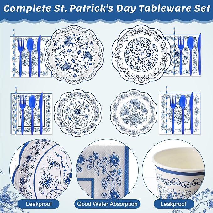 450 Pcs Blue Floral Tableware Set Decorations Blue White Chinoiserie Floral Paper Plates Napkins Cups Cutlery Straws for Vintage Birthday Wedding Bridal Shower Tea Party Supplies, Serves 50