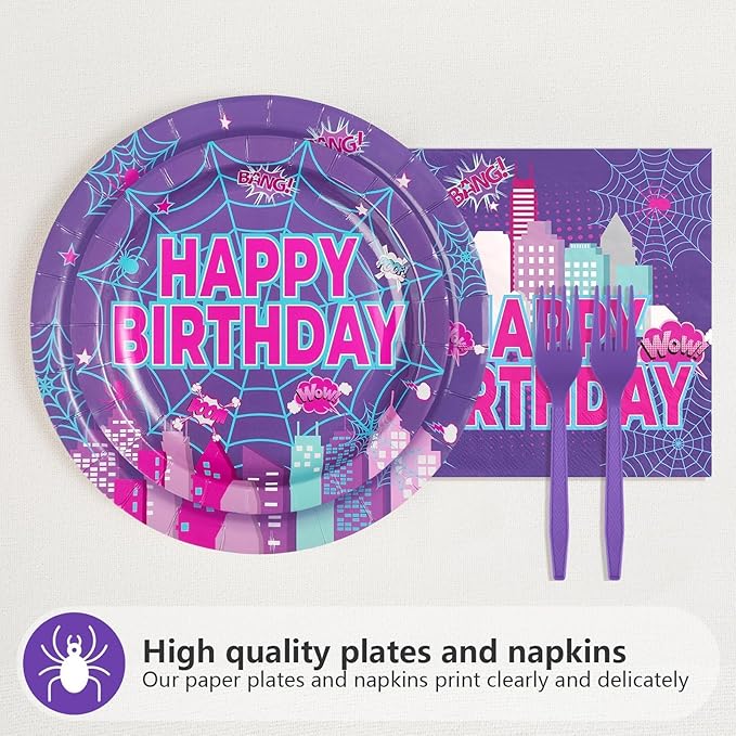 Purple Spider 3rd Birthday Party Decorations Purple Spider Themed Plates and Napkins Cartoon 3rd Decorations for 3 Years Old Boys Girls Kids Birthday Party Supplies