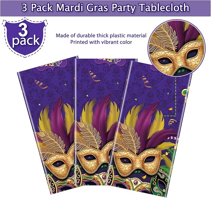 3 Pack Mardi Gras Tablecloths, Masquerade Dancing Table Decorations, Plastic Purple Table Cover Backdrop for Mardi Gras Carnival Party Supplies and Decors, 54 x 108 Inch