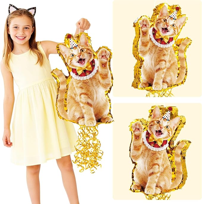 WERNNSAI Cat Piñata - Orange Cat Birthday Decorations Pull String Piñata Bundle with Blindfold and Bat Cute Animal Party Game for Kids Girls Kitten Party Supplies