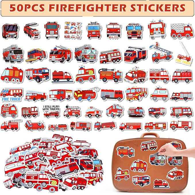 98 Firefighter Party Favors Fire Truck Birthday Decorations Straw Bubble Slap Bracelet Keychain Sticker Kid Boy Toy Accessories Fireman Party Supplies Gift Prize Goodie Bag Stuffers
