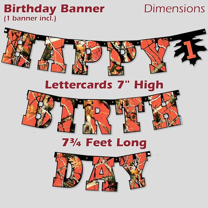 Havercamp Orange Next Camo "Happy Birthday" Party Banner | 1 Count | Great for Hunter Themed Party, Camouflage, Rustic, Nature, Military, Kids Birthday Party