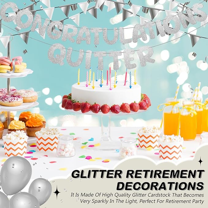 Fulmoon Pre Strung Congratulations Quitter Glitter Banner Funny Retirement Banner Graduation Party Decorations Going Away Supplies Garland for Men Women Gifts, No DIY(Silver)