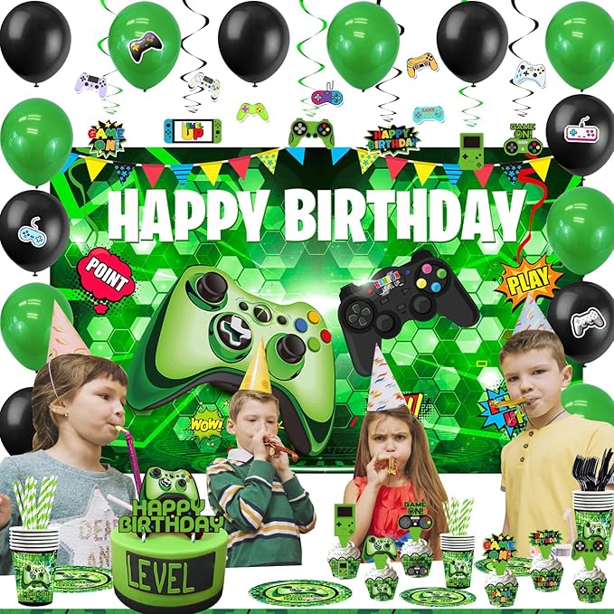 Green Gamer Birthday Party Decoration - 217Pcs Video Game Gaming Party Supplies For Boys Birthday Party - Backdrop, Table Cover, Plates, Cups, Napkins, Utensils, Hanging Swirls, Cupcake Topper, Cake