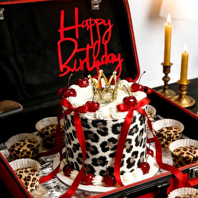 Cheetah Cherry Cake Topper Leopard Birthday Party Decor Red Bows Gold Crown Cake Decorations Cheetah and Cherry Birthday Bachelorette Party Supplies