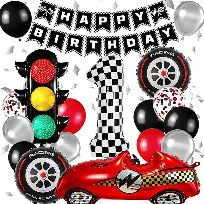 Race Car Birthday Party Decorations, with 40 Inch Number 1 Balloon, Happy Birthday Banner, Traffic Light and Foil Tire Balloon for 1st Car Themed Birthday Party Supplies