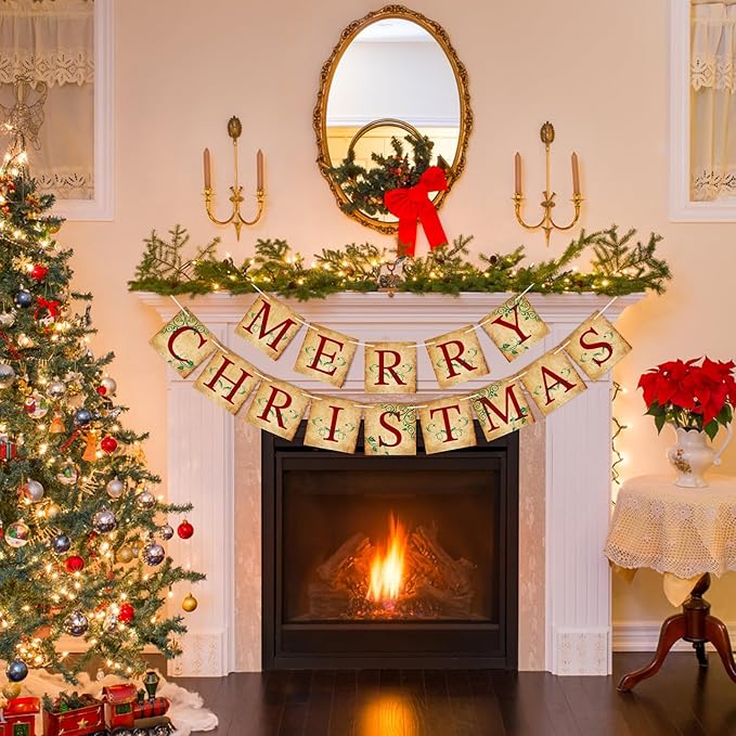 Merry Christmas Banner Vintage Christmas Garlands Decorations for Indoor Home Office Wall Window Door Fireplace Mantle Xmas Tree Decorations