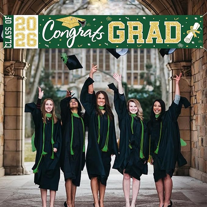 Graduation Banner Class of 2026 - Large Congrats Grad Yard Sign 2026 Green Gold Congrats Grad Banner Fence Yard Sign for Graduation Decorations Party Supplies