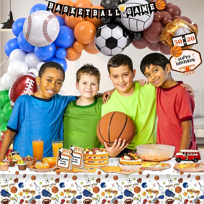 Winrayk 130Pcs Sports Birthday Party Decorations Supplies Sports Balloon Arch Backdrop Tablecloth Football Soccer Baseball Glove Basketball Volleyball Balloon Kid Sport Themed Birthday Party Supplies
